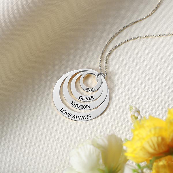 Engraved Family Stacked Circle Necklace Sterling Silver