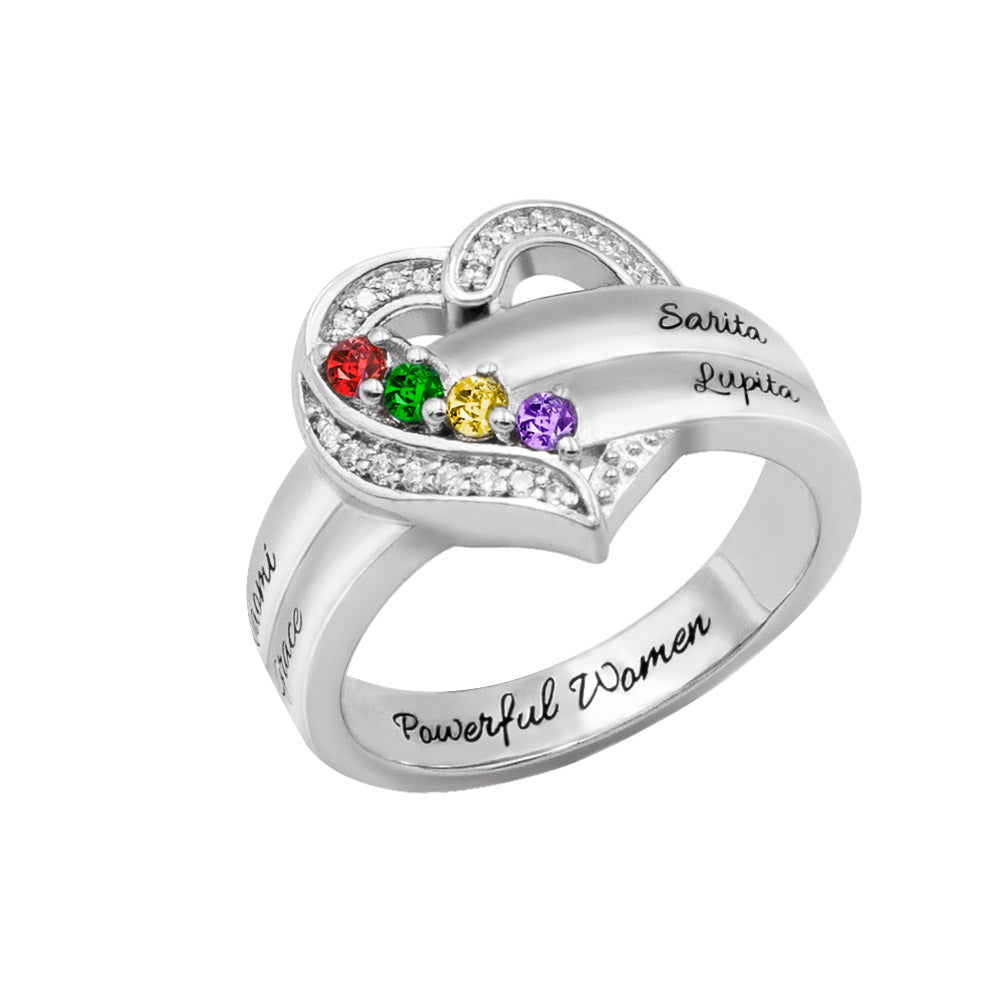 Personalized Heart 4 Birthstones Ring Family Ring Gift for Her