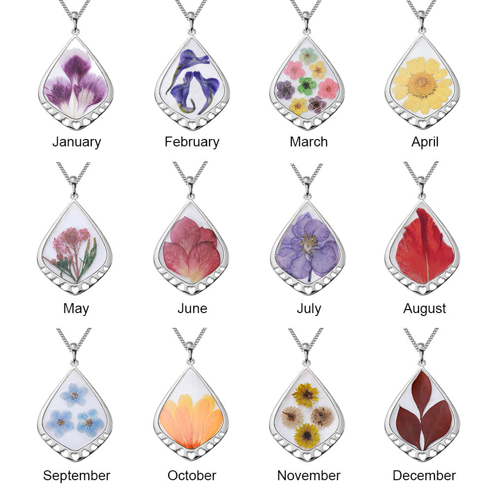 Personalized Birth Real Flower Drop Shape Necklace