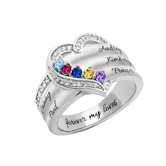 Personalized Heart 5 Birthstones Ring Family Ring Gift for Her