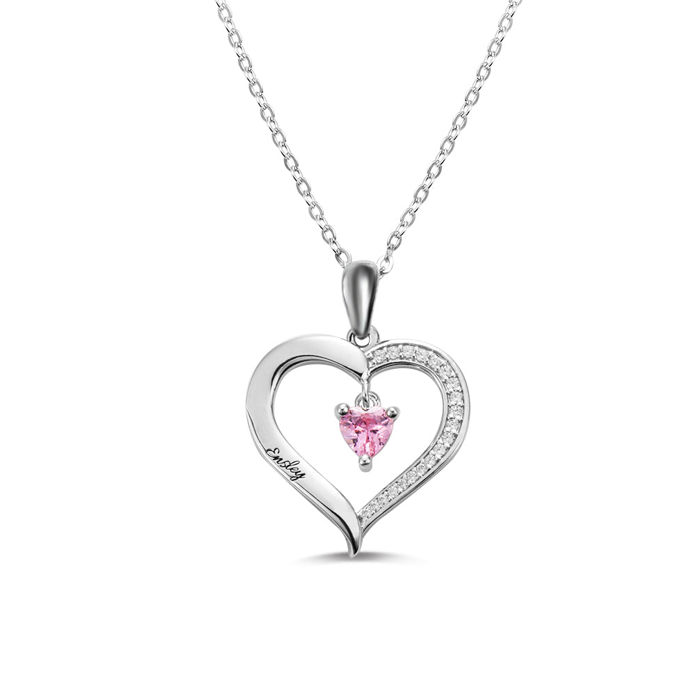 Personalized 1 Heart Birthstone Necklace with Engraving in Silver