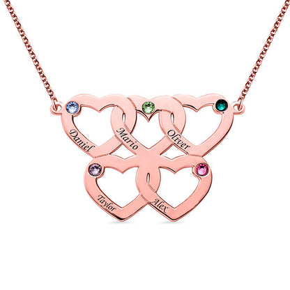 Engraved Five Hearts Necklace With Birthstones Sterling Silver