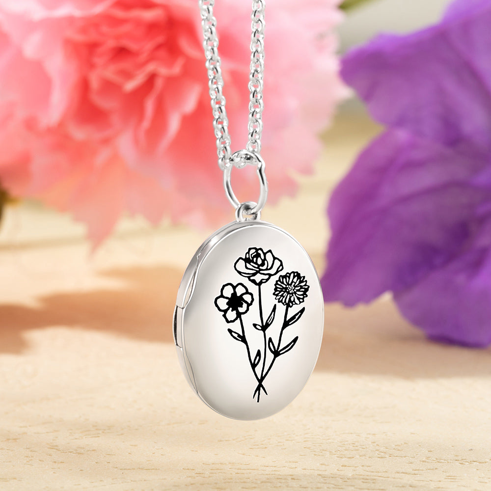 Personalized Photo Locket Necklace with 1-4 Birth Flowers
