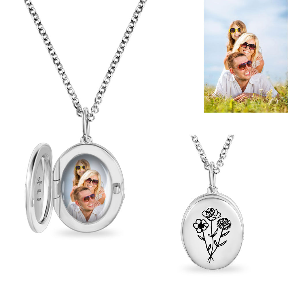 Personalized Photo Locket Necklace with 1-4 Birth Flowers