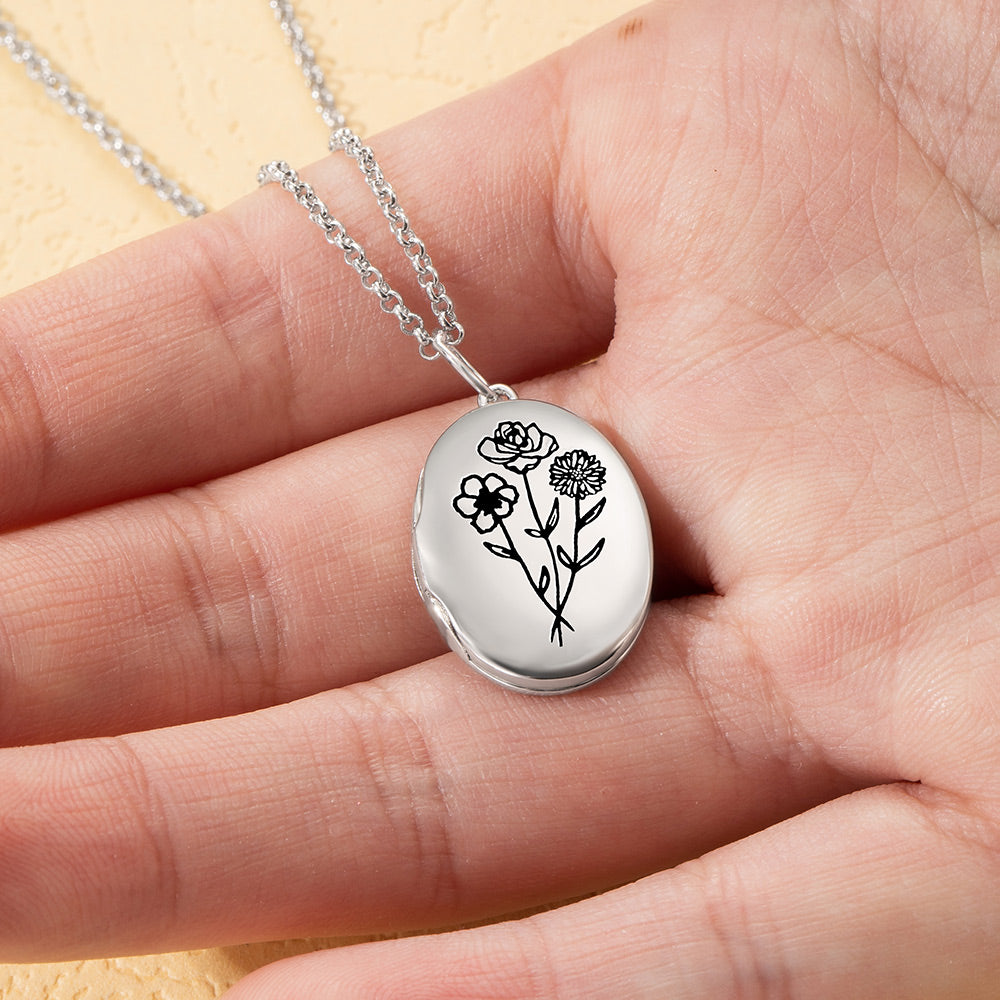 Personalized Photo Locket Necklace with 1-4 Birth Flowers