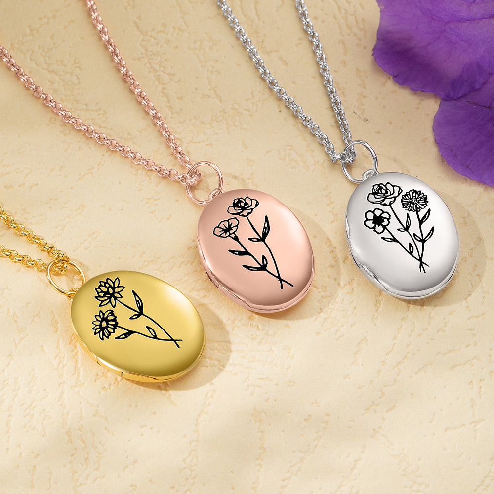 Personalized Photo Locket Necklace with 1-4 Birth Flowers