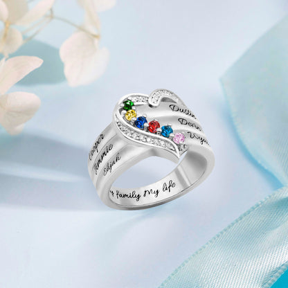 Personalized Heart 6 Birthstones Ring Family Ring Gift for Her
