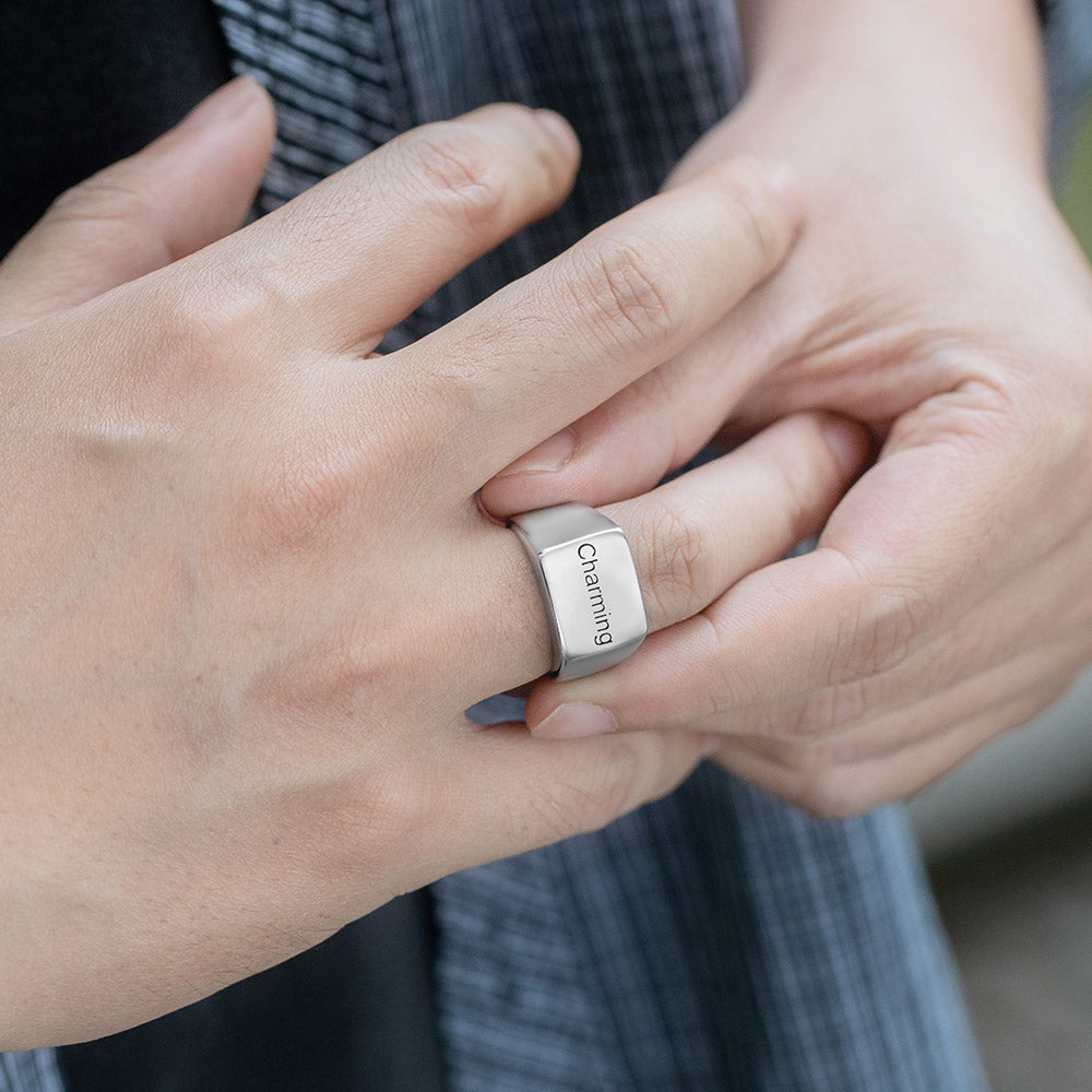 Men's Engraved Ring Stainless Steel Promise Rings Rectangular Style