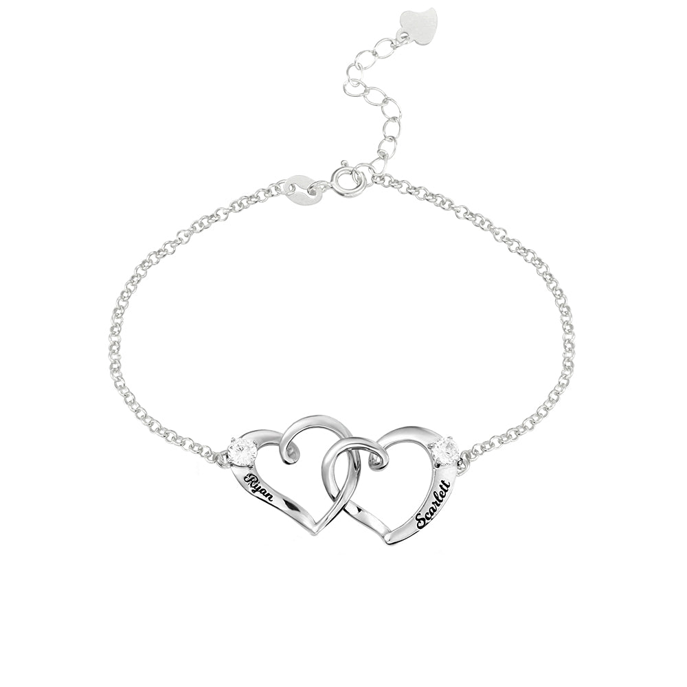 Custom Double Heart Engraved Names Bracelet Sterling Silver