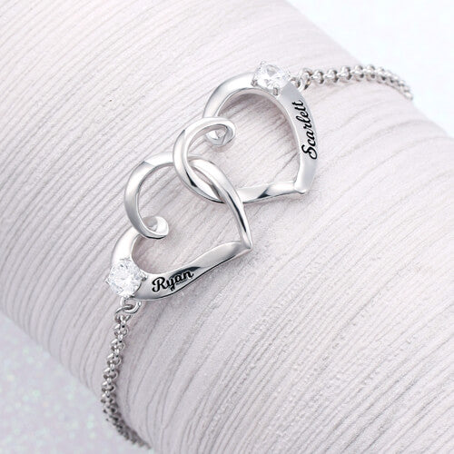 Custom Double Heart Engraved Names Bracelet Sterling Silver
