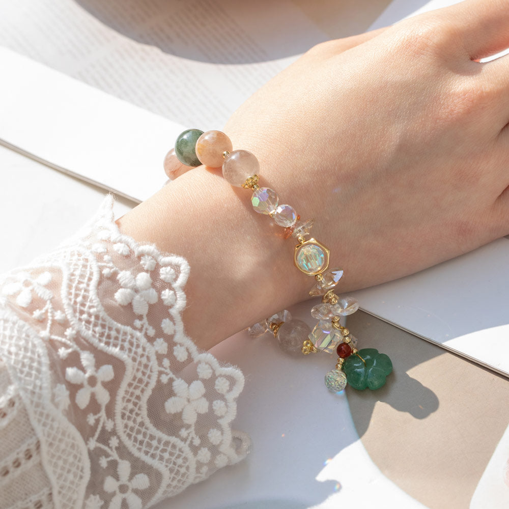 Dainty Crystal Bracelet with Green Floral Jade Lucky Jewelry