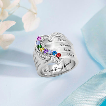 Personalized Heart 8 Birthstones Ring Family Ring Gift for Her