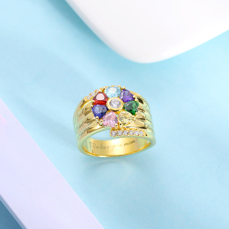 Personalized 7 Heart Birthstone Ring
