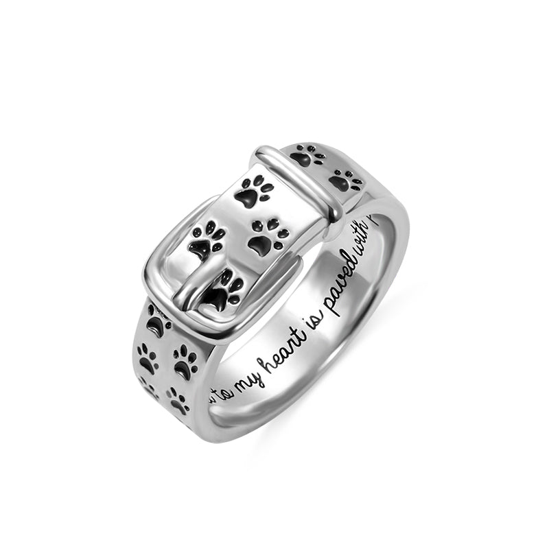 Engraved Pet Collar Ring with Footprint in Silver