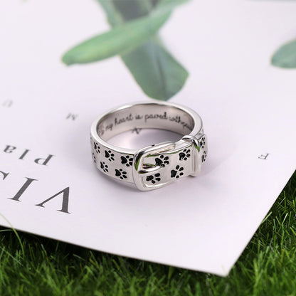 Engraved Pet Collar Ring with Footprint in Silver