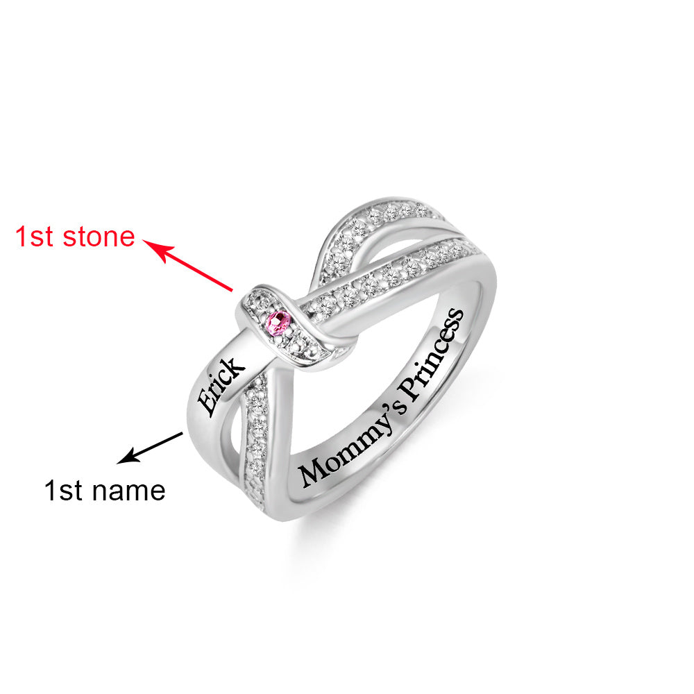 Engraved 1 Name and Birthstones Ribbon Ring with Easy to Read Font