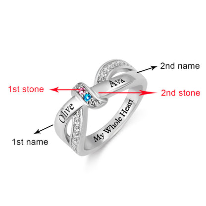 Engraved 2 Names and Birthstones Ribbon Ring with Easy to Read Font