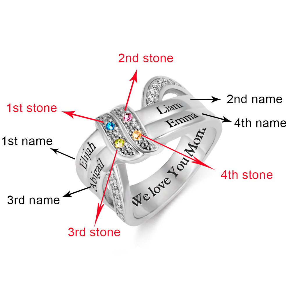 Engraved 4 Names and Birthstones Ribbon Ring with Easy to Read Font
