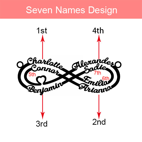 Personalized 7 Names Infinity Necklace in Silver