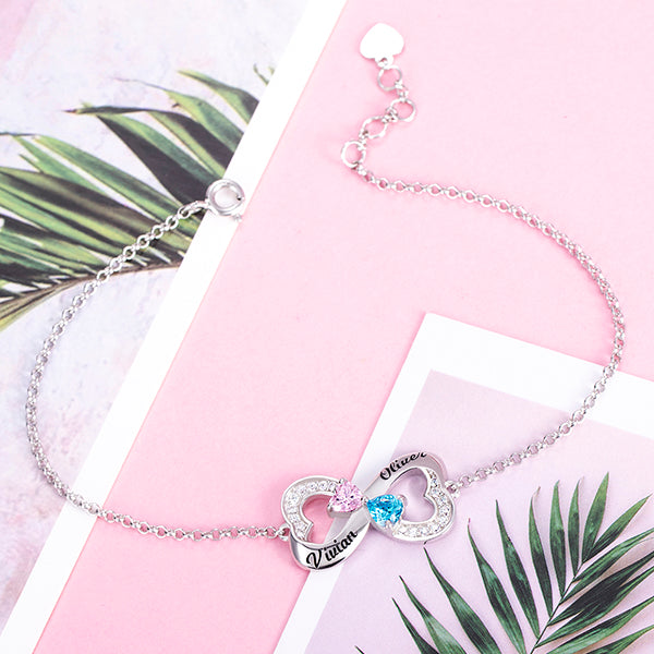 Personalized Double Heart Bracelet with Birthstones in Silver