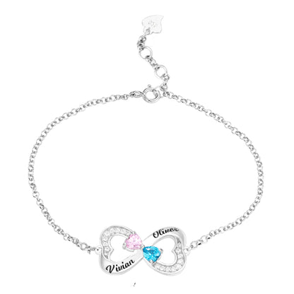 Personalized Double Heart Bracelet with Birthstones in Silver