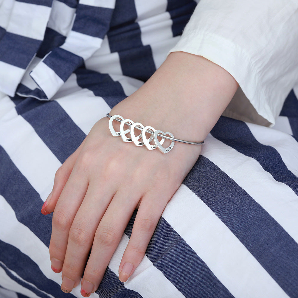 Personalized Bangle Bracelet with Heart Pendants in Silver