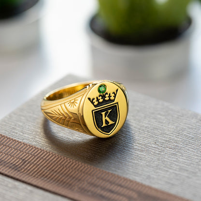 Personalized Initial and Birthstone Engraved Crown Signet Ring for men