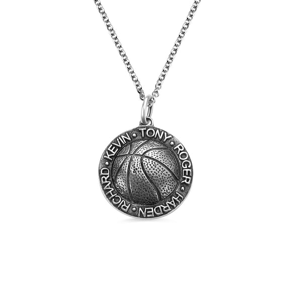 Basketball Necklace with Names in Circle in Sliver