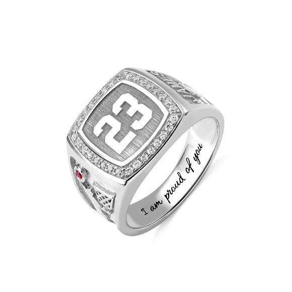 Engraved Basketball Signet Ring with Birthstone