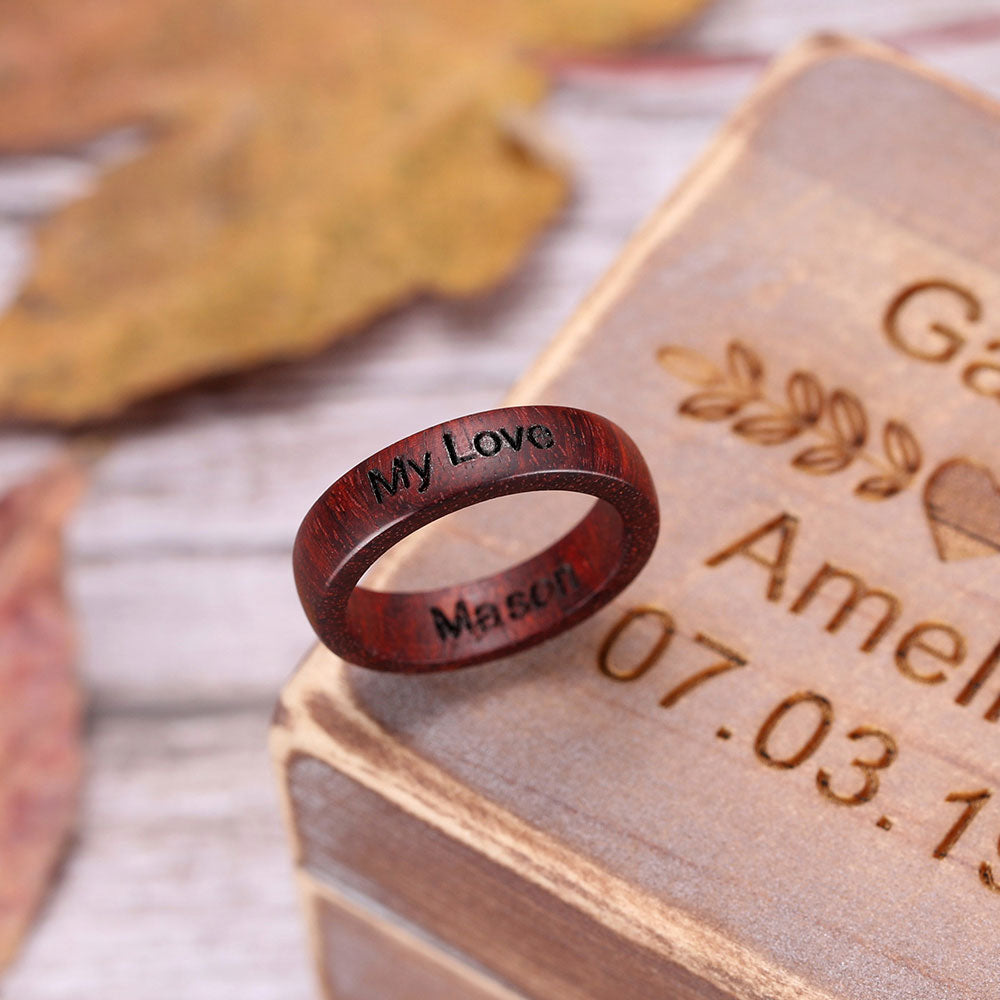 Engraved Pterocarpus Flat Ring With Ring Box