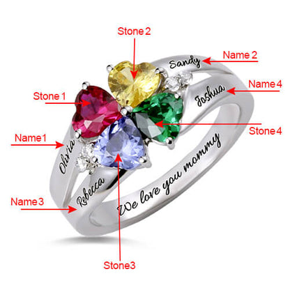 Custom Four-Heart Birthstone Engravable Ring Sterling Silver