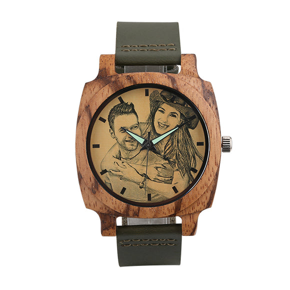 Engraved Square Zebrawood Photo Watch