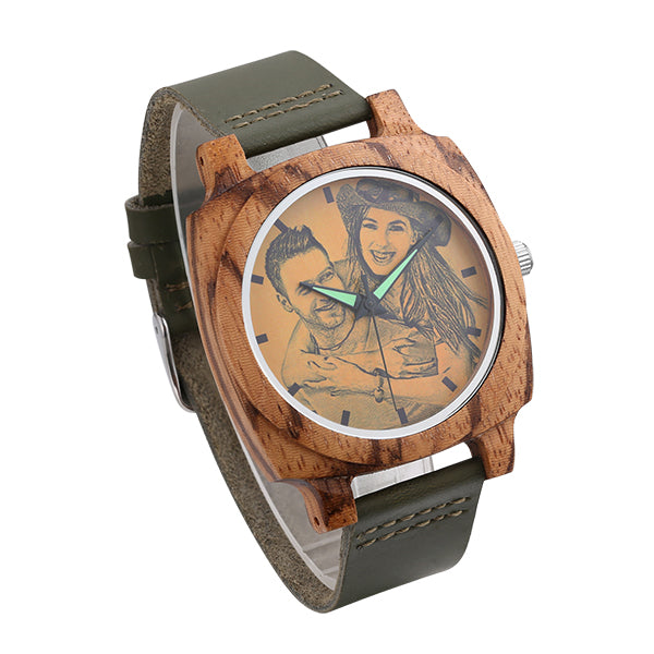 Engraved Square Zebrawood Photo Watch