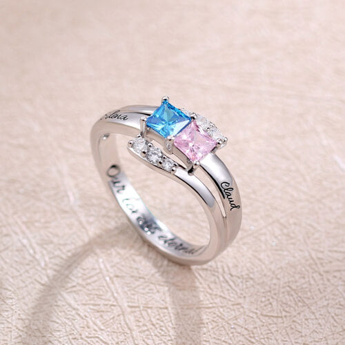 Custom Engraved Two Birthstones Ring Sterling Silver