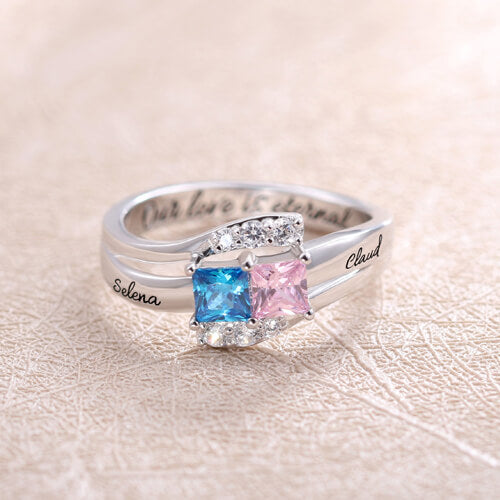 Custom Engraved Two Birthstones Ring Sterling Silver