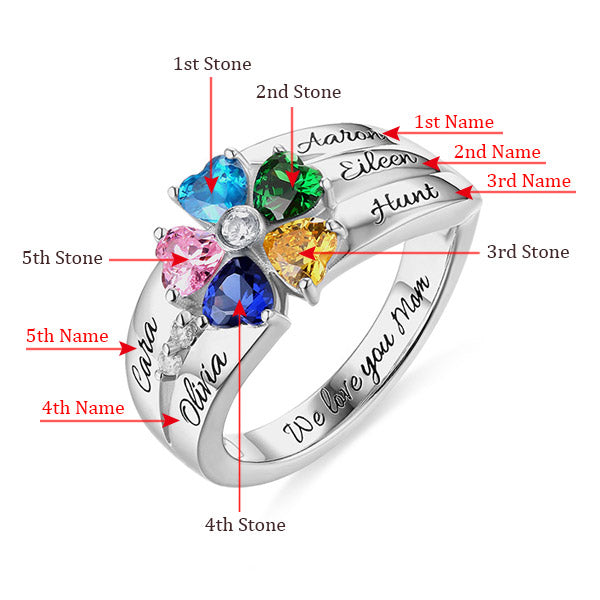 Engraved 5 Heart-Shaped Birthstones Ring In Sliver