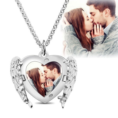 Engravable Angel Wings Sterling Silver Heart Photo Locket Necklace