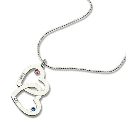 Double Heart Necklace with 2 Names & Birthstones Sterling Silver