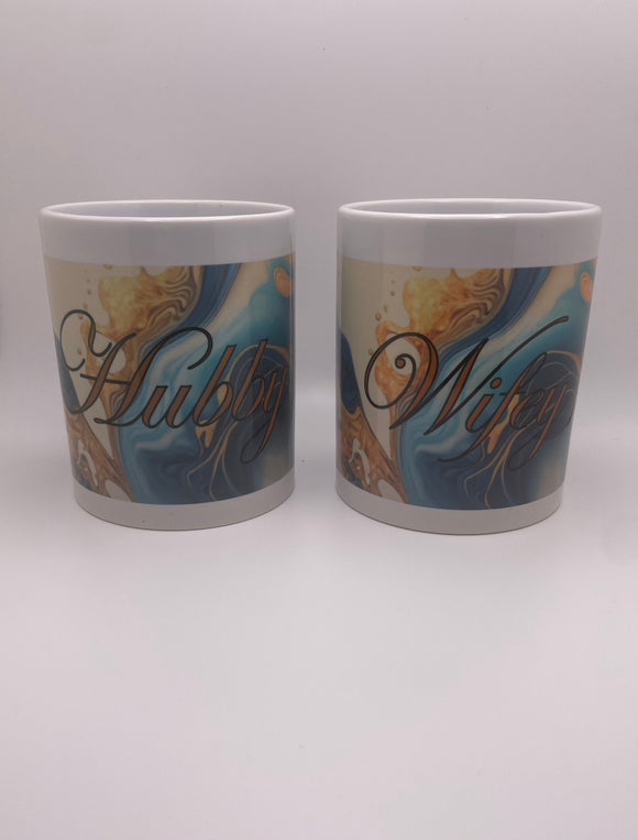 Hubby and Wifey Mug Blue Gold Marble