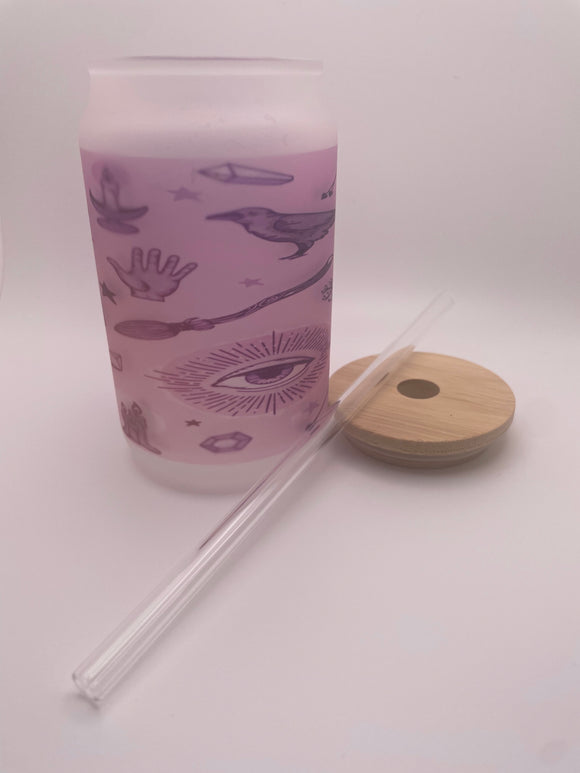 Purple Sun & Moon Frosted Glass Cup with Bamboo Lid